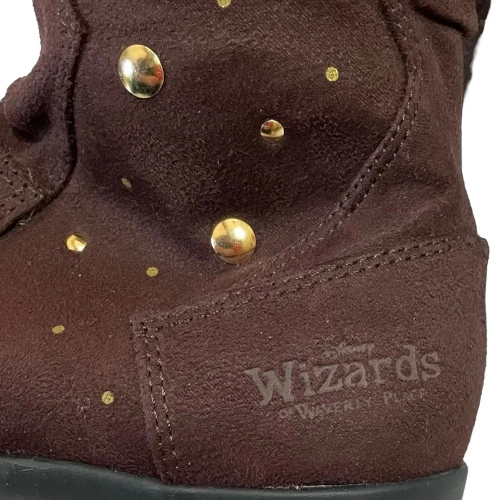 Disney WIZARDS of WAVERLY Place Brown Boots Girls 12.5 Fabric Gold Studs Y2K